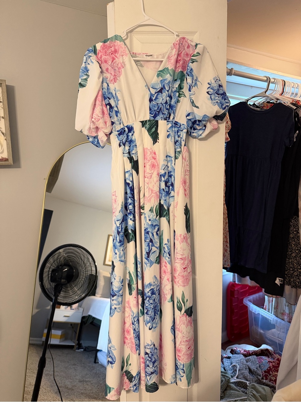 Floral V-Neck Puff Sleeve Maxi Dress - White with Pink & Blue Floral